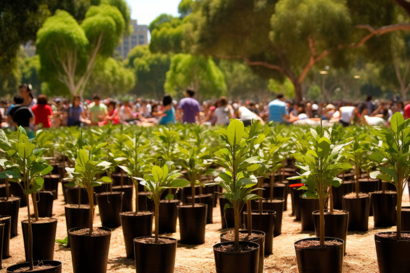 Volunteers planting saplings during a community plantation drive